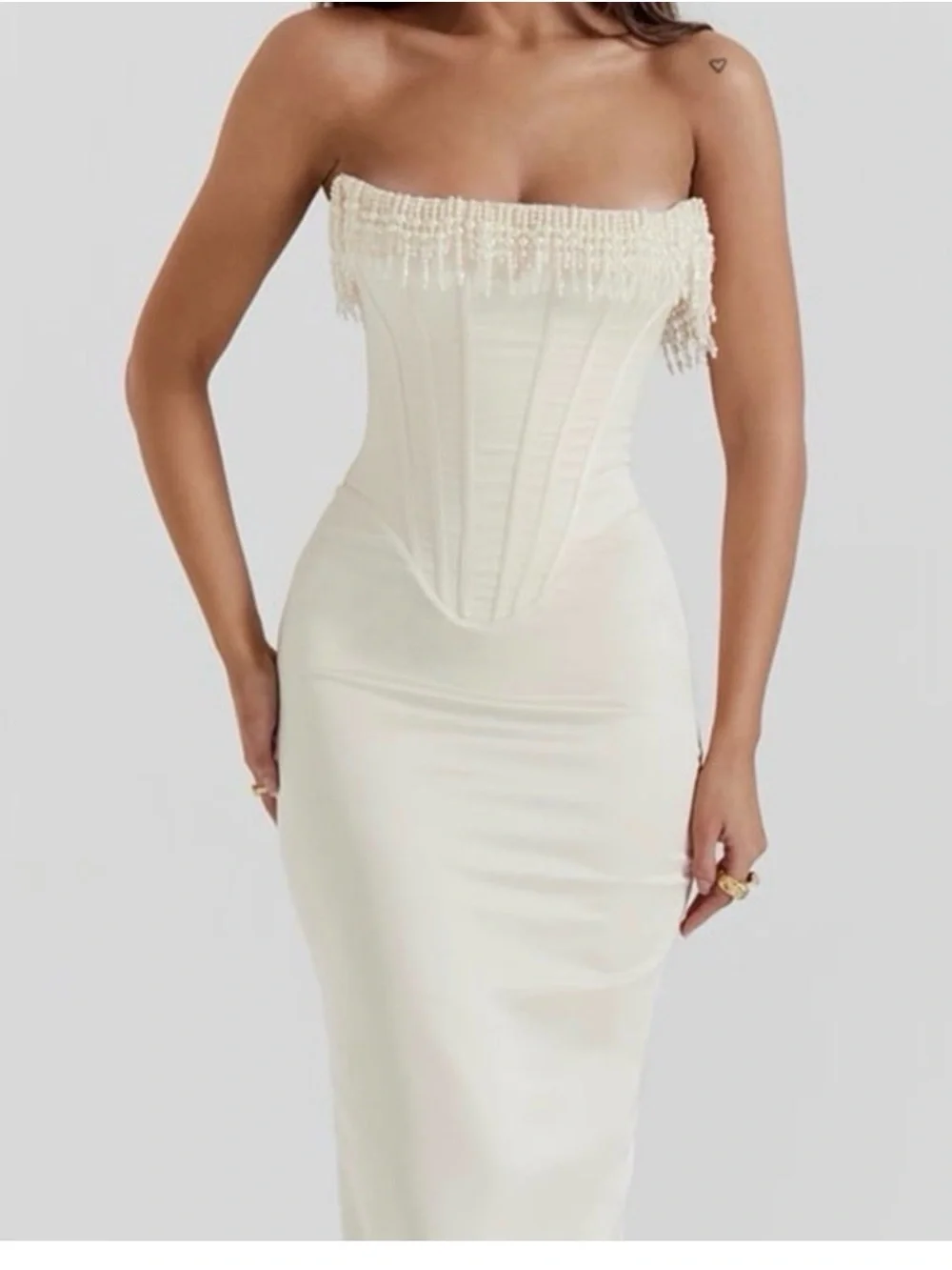 House of CB Ivory Strapless Pearl-Trim Midi Dress - Picture 1 of 7